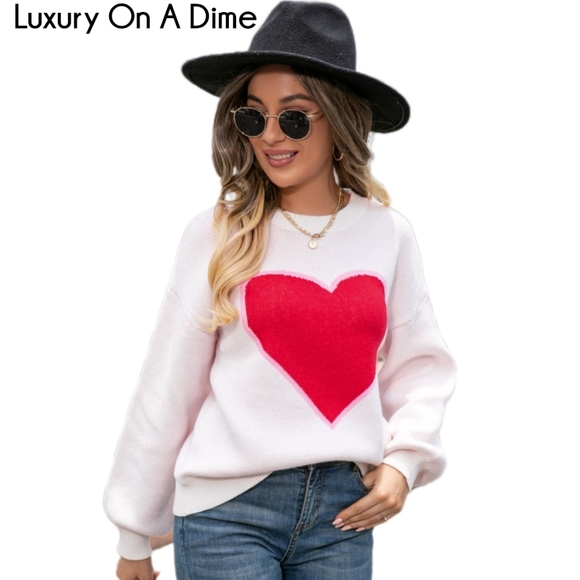 Knit Heart Contrasting Classic Round Neck Pullover Top Long Sleeve Sweater Shirt - Picture 4 of 8